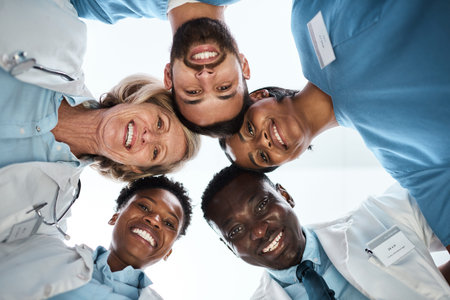 Portrait, circle and medical people at hospital with teamwork, healthcare services and wellness...