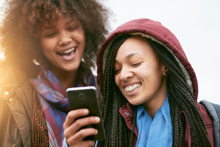 Happy woman, friends and social media with phone in nature for holiday, weekend or trip together....