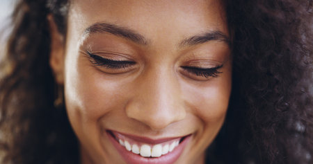 Face, beauty and happy woman in closeup on studio background for microblading with smile. Skincare, girl or female person with eyes closed, facial glow or shine with makeup, dermatology and cosmeticsの写真素材