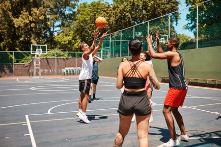 People, throw or playing with ball in basketball court for street sports, game or outdoor match....