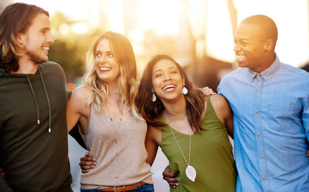 Friends, laugh and walking in city for travel, journey or relationship development. People, couples...