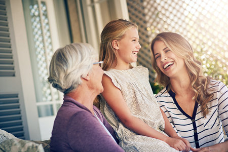 Mother, child and grandmother with laughing outdoor by home for relax, bonding together and funny...