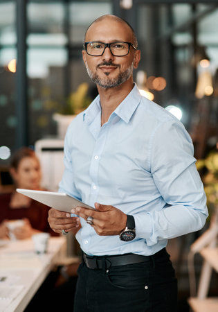 Mature, businessman and portrait with tablet in meeting for market research, financial review or...