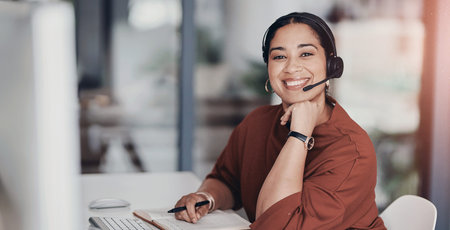Woman, portrait and callcenter consultant with headset for phone call, tech support and notebook for...