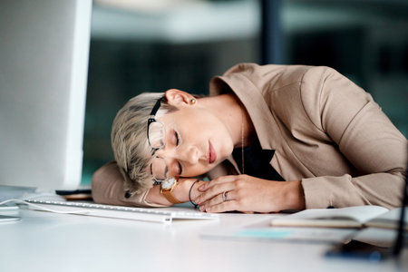 Computer, businesswoman and sleeping in office for burnout, tired and overworked in corporate...
