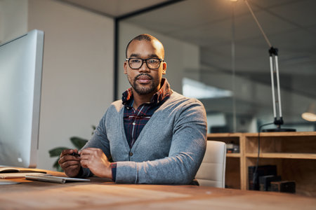 Business man, laptop and portrait with night working in office on tech for web post planning and seo...