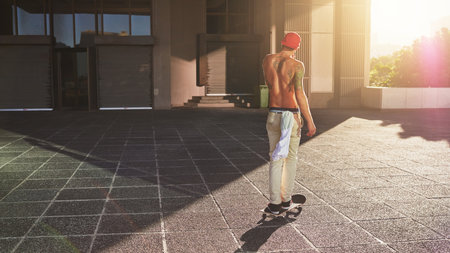 Skateboard, sports and back of man in city for fitness, practice and energy in New York. Active, skater or male person skating on concrete in urban town for outdoor talent, skill competition or hobbyの写真素材