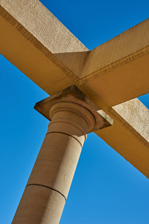 Architecture, history and temple with column in nature for antique, ancient building or low angle....
