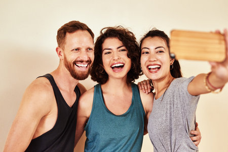 Fitness, happy and selfie of people in studio for social media, profile picture or workout update....