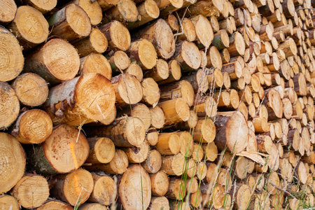 Lumber, wood and environmental with stack of log in nature for fuel, deforestation and timber...