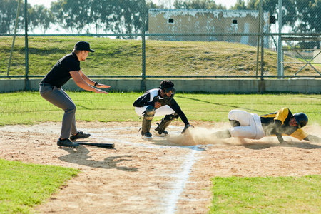 Men, baseball or runner with pitch for point, sports or match in tournament or outdoor game. Young,...