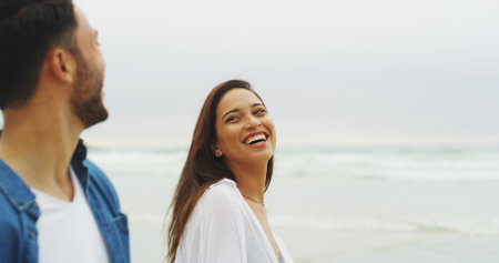 Date, laughing and love with couple on beach for support, summer vacation and space. Happiness,...