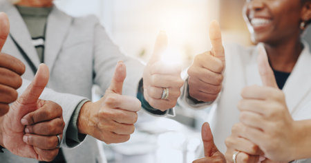Thumbs up, hands and support with business people in office for workshop, solidarity and success. Achievement, teamwork and collaboration with group of employees for celebration and communityの写真素材
