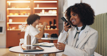 Speaker, cafe and woman with phone, talking and consulting contact with tech, smile and business....