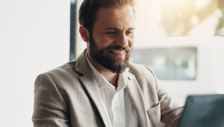 Business, tablet and man in coffee shop, smile and app with confidence, copywriting and network. Person, consumer and employee in restaurant, writer and tech with research for article and connectionの写真素材