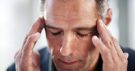 Office, businessman and pain with headache for stress, accountant and fatigue for missed deadline....