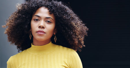 Portrait, fashion and woman in city, confidence and pride with internship, afro and urban town. Space, person and designer for brand development, startup and career ambition with creative industryの写真素材