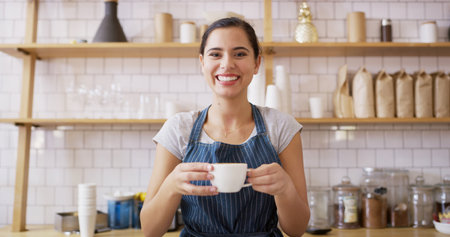 Portrait, woman and waiter with coffee at cafe of customer service, espresso drink and order collection. Smile, person and giving beverage for breakfast catering, server help and hospitality industryの写真素材