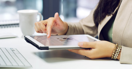 Office, tablet screen and hands of business person on website for SEO research, online project and digital marketing. Creative, professional and worker on tech for information, internet and planningの写真素材