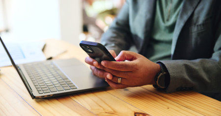 Hands, business and man with phone at cafe for communication, bank consultant and freelancer....