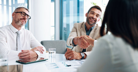 Partnership, handshake and business people in office with planning for company investment. Meeting, paperwork and team of financial advisors with profit, revenue or agreement for finance proposal.の写真素材