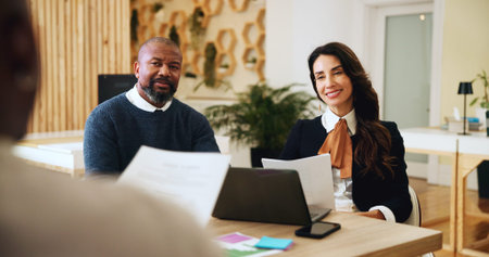 Teamwork, people and smile for documents, office and client with lawyer for patent, meeting and...