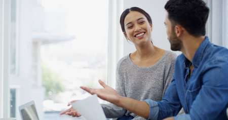 Mortgage, planning or couple with smile, documents, financial budget for household bills or accounting. Finance paperwork, salary or people with income info for investment growth, report or savingsの写真素材