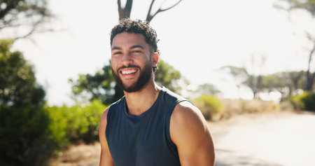 Happy man, portrait and nature with fitness on mountain for workout, exercise or health and...