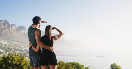 Fitness, couple and back view outdoor with ocean, mockup, space and training break by mountain....