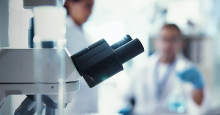 Medical, microscope and science with equipment in laboratory for forensic study of dna sample....