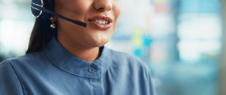 Business woman, mouth and consultant with headset for online advice, help or support at office....