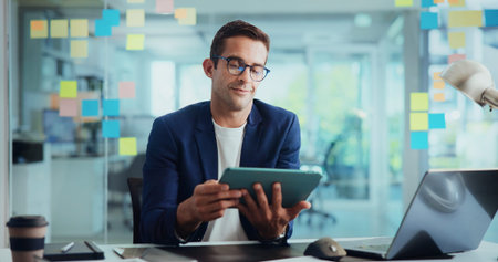 Business, tablet and man in office, planning and connection with social media. Person, profile and...