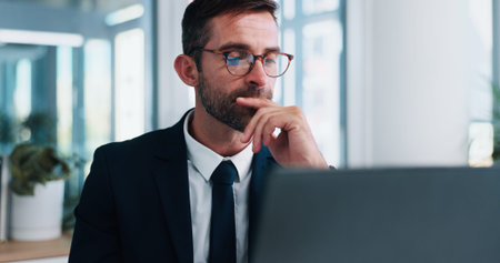 Business, thinking and man with solution, laptop and internet with decision, email and tax report....