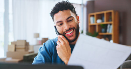 Small business, phone call and man in home with paperwork, smile and boxes for ecommerce. Contact,...