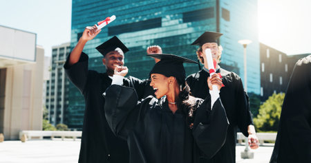 Certificate, city and graduation with student friends outdoor for celebration or education event. Future, scholarship and success with happy college or university group in urban town for milestoneの写真素材