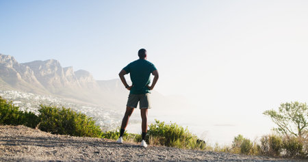 Relax, workout and back of man in nature for mockup space, thinking and health. Fitness, runner and...