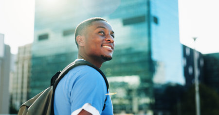 Smile, black man and nursing student in city for medical studying, planning and healthcare opportunity. Thinking, person and morning commute with learning internship, academic scholarship and programの写真素材