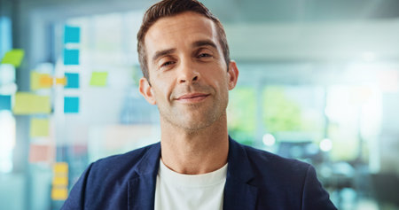 Portrait, smile and business man in office, employee and happy creative writer. Face, confident...