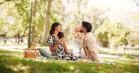 Smile, picnic and couple eating pizza at park for romantic date, lunch and bonding for relationship. Man, woman and share fast food outdoor, hungry and enjoy takeaway to relax with partner for loveの写真素材
