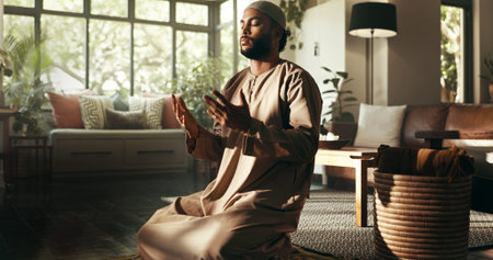 Muslim, worship and dua with man in home for ramadan kareem, spiritual and prayer. Floor, faith and eid Mubarak with Islamic person and salah in living room for gratitude, Allah praise and religionの写真素材
