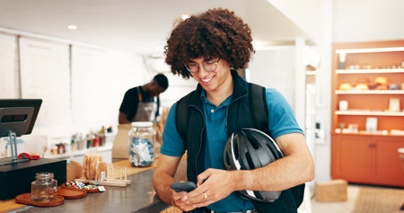 Food delivery, service and phone with man in cafe for online order, ecommerce and courier checklist. Restaurant takeaway, hospitality and bakery checkout with person in coffee shop for pickupの写真素材