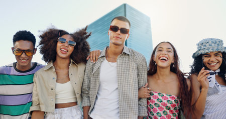 Urban, happy and friends in city with fashion in summer for cool, edgy or trendy style together. Diversity, gen z men or group of creative women in town for street culture, unique clothes or portraitの写真素材