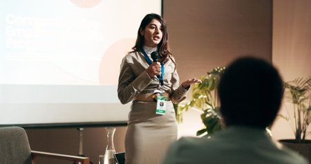 Business woman, seminar and presentation for speaker in conference room for wellness training....