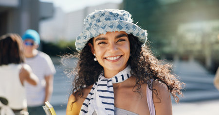 Happy, student and portrait of girl in city for travel to university, college and school campus. Smile, fashion designer and person in town for creative education, learning and knowledge in morningの写真素材