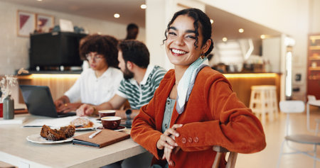 Portrait, meeting and woman with colleagues, cafe and smile for collaboration in store, tea and group. Happy, people and journalist with coworkers with beverage, confident and customer in coffee shopの写真素材