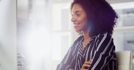 Thinking, business and woman in office, computer and planning with email for approval. Journalist,...