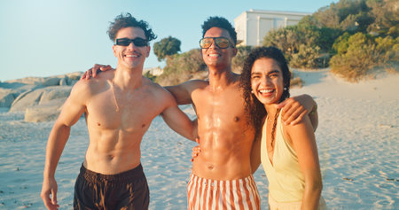 Beach, happy and portrait of friends by ocean on vacation, adventure or holiday together for travel. Fun, group and people by sea on tropical weekend trip for bonding, connection or freedom.の写真素材