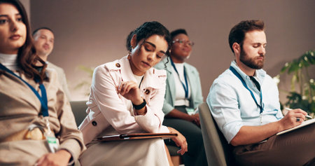 Conference, bored and audience of business woman check time for presentation, seminar and...