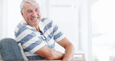 Happy, sofa and portrait of senior man in home for relaxing, resting and comfortable in morning....