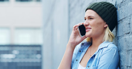 Happy, phone call and woman in city for talking, connection and conversation in urban town. Relax,...
